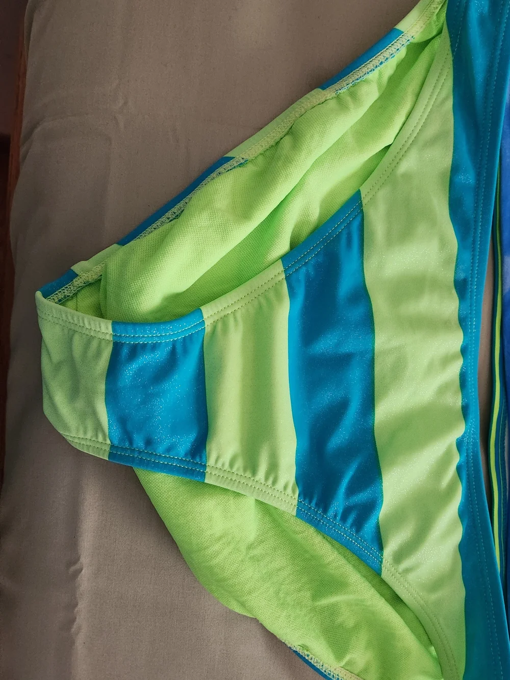 Girls/Teen/Womens Neon Green and Blue Striped Tankini One-Piece Swim Set